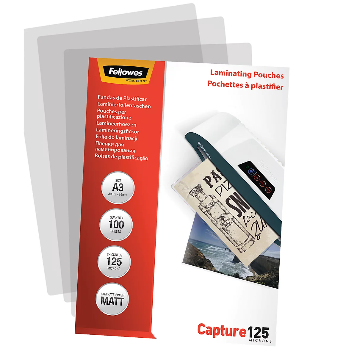 Pack of laminating pouches with printed information such as size A3, 100 sheets, 125 microns and matt. Also, a laminated receipt.