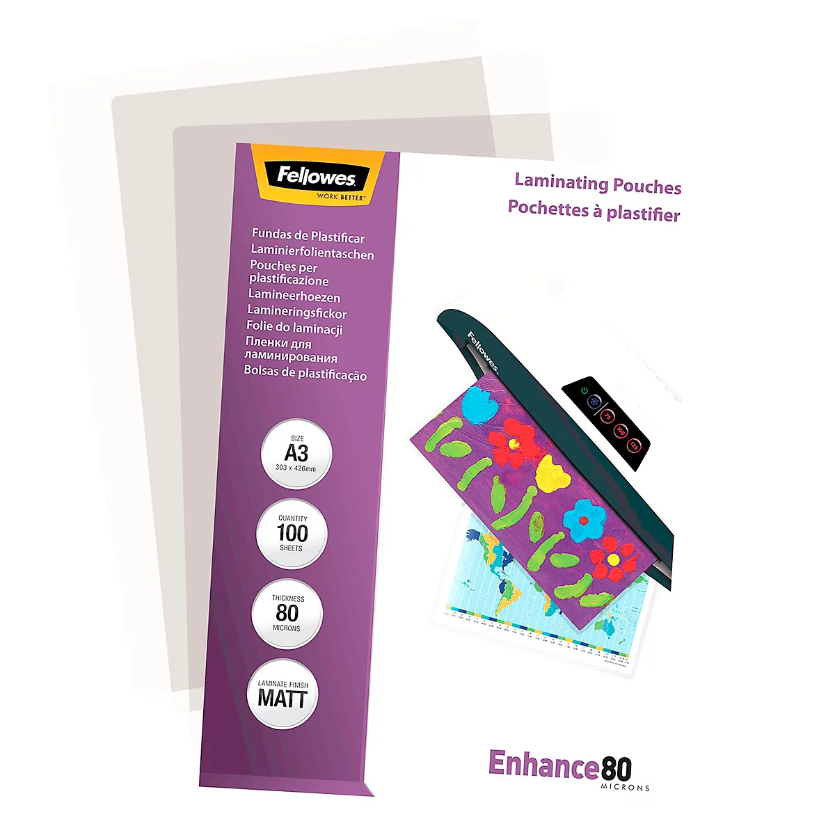 A laminated drawing being processed in a laminator. Next to it, a pack of Fellowes laminating pouches.