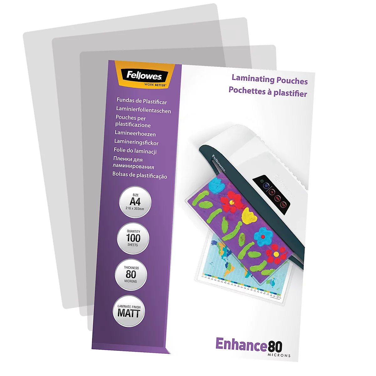 Product image of Fellowes laminating pouches; a laminated item is visible in the foil.