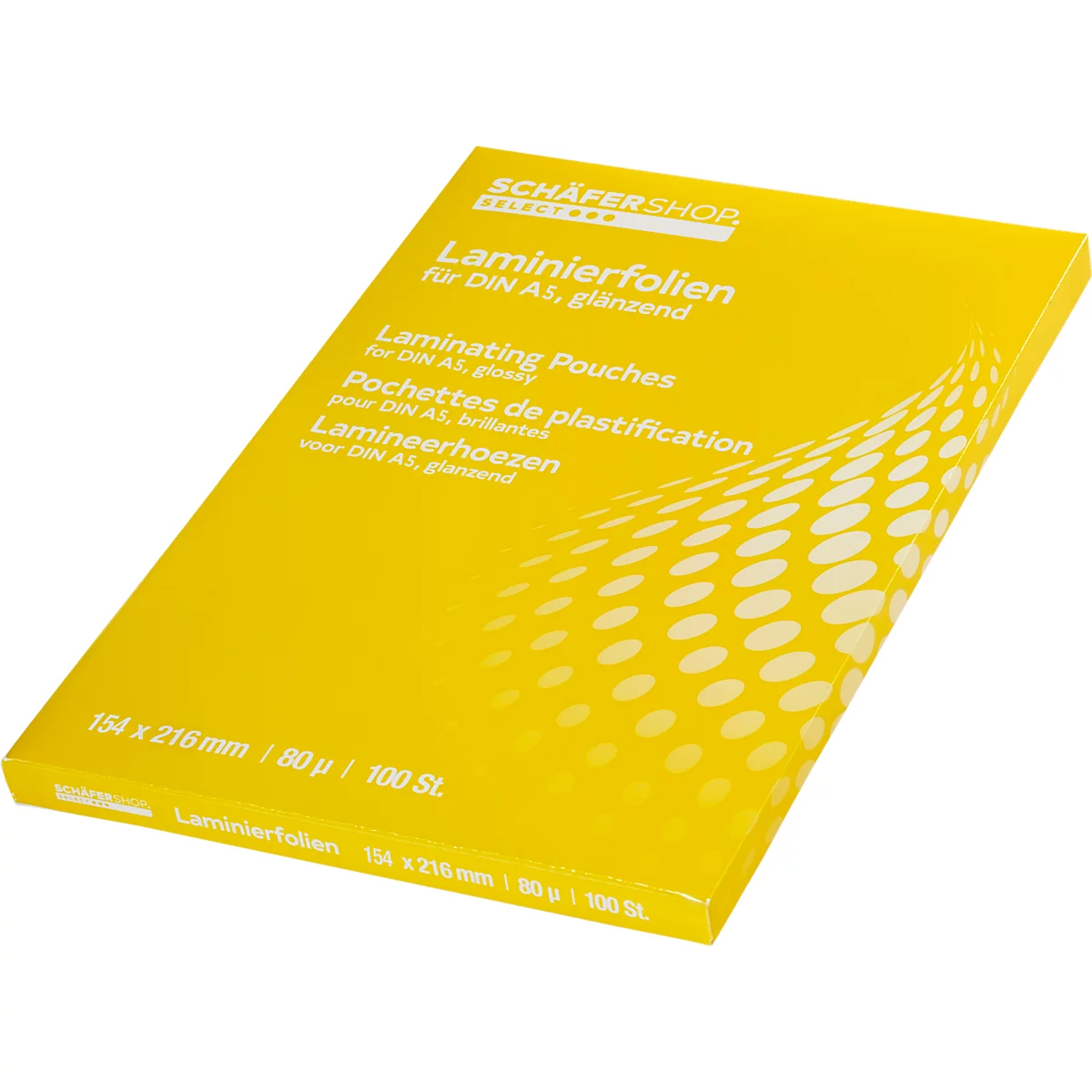 Gele verpakking laminat pouches met 'Schäfershop' label. Tekst in het Duits, Engels, Frans en Nederlands.