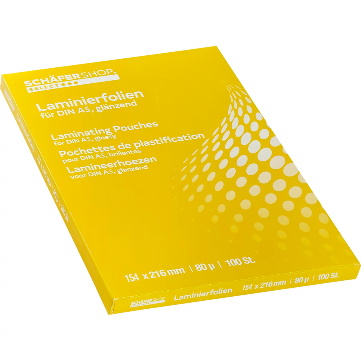 Gele verpakking lamineerhoezen. Opschrift: "Lamineerhoezen voor DIN A5, glanzend".