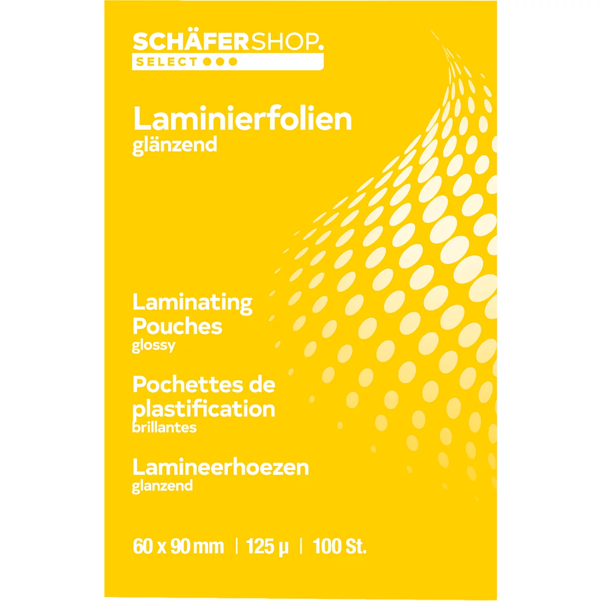 Gele verpakking met de tekst 'Lamineerhoezen glanzend'. Bevat informatie over formaat en hoeveelheid.