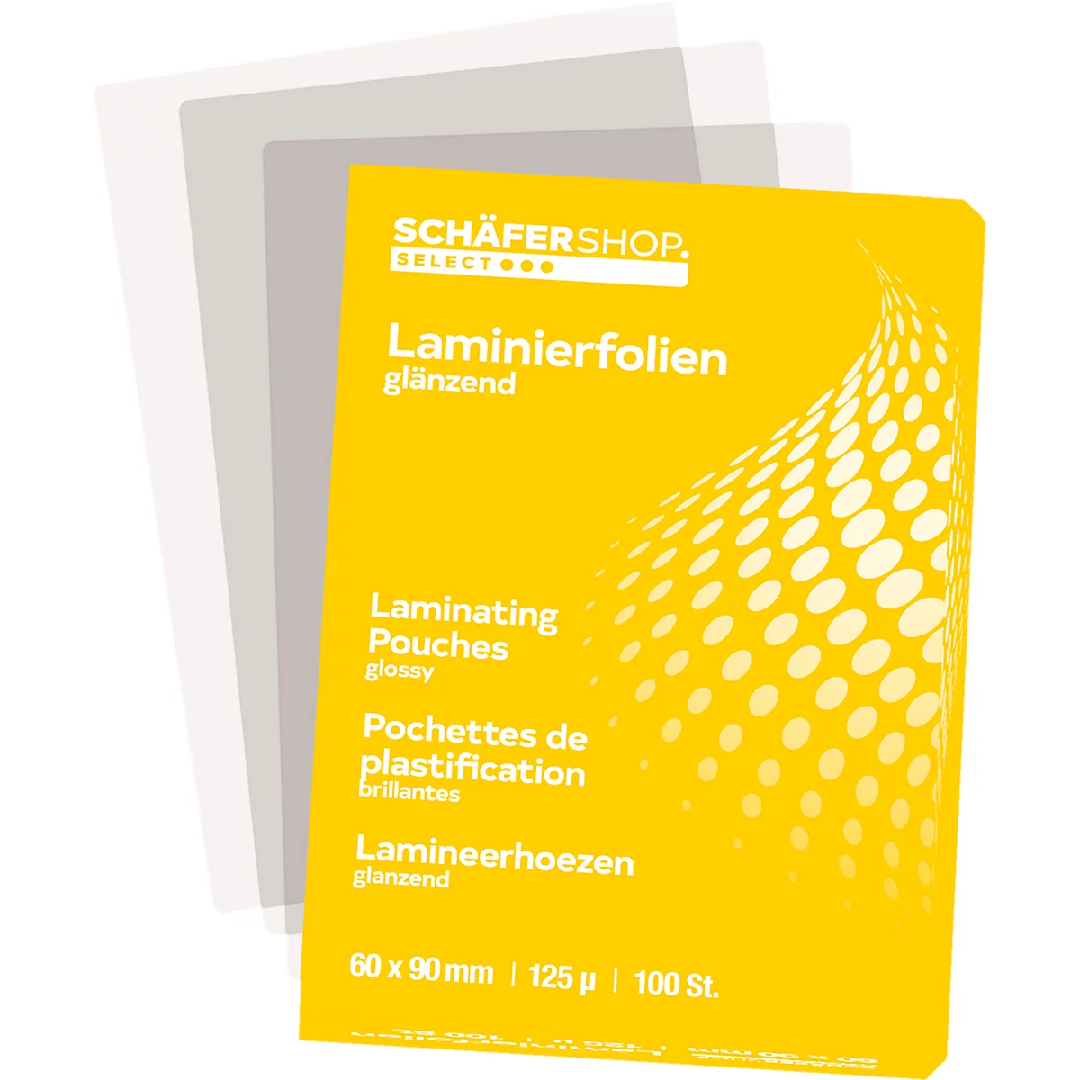 Gele verpakking met lamineerhoezen, daarnaast transparante folies. Tekst: "Lamineerhoezen glanzend".