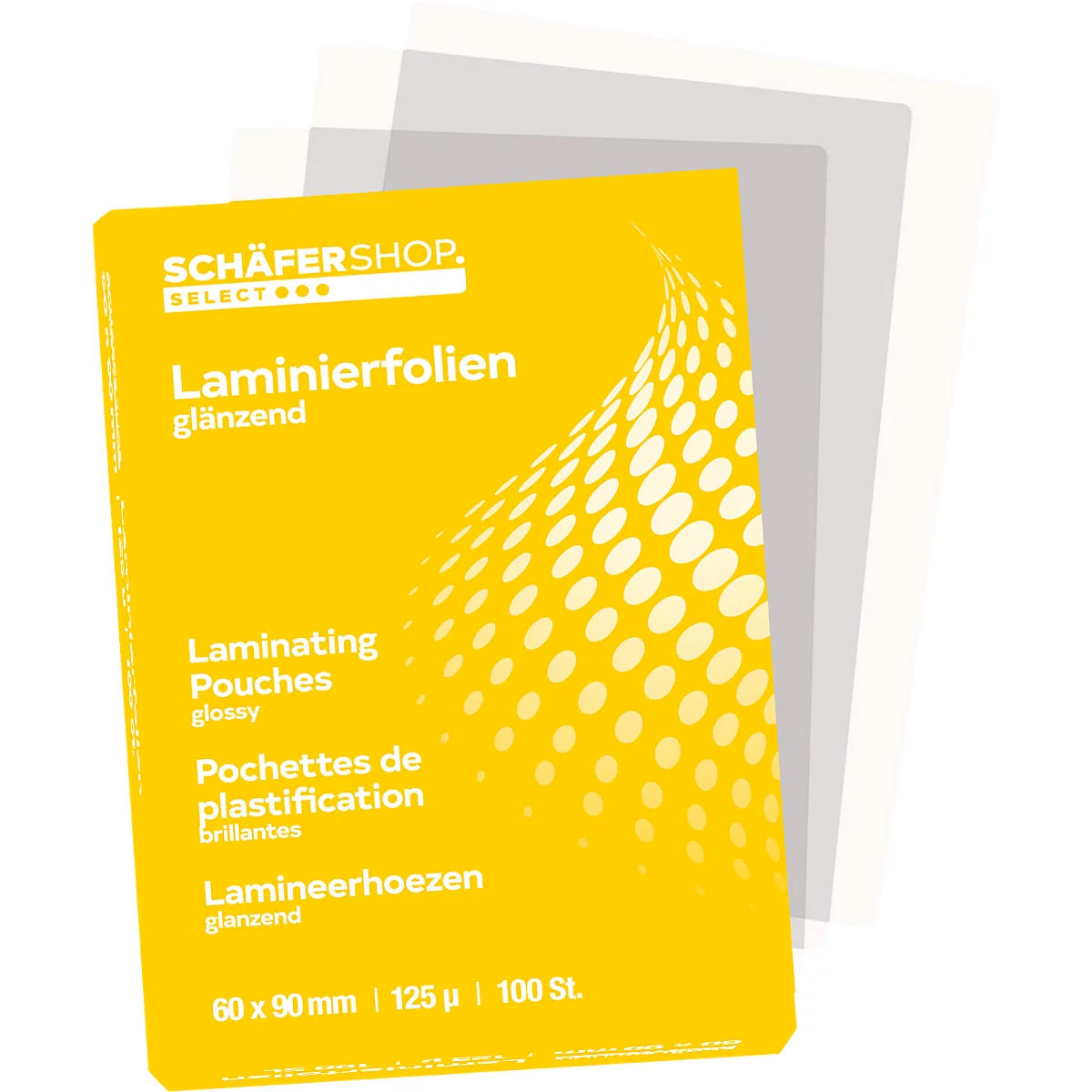 Gele verpakking met glanzende lamineerhoezen. Label in het Duits, Engels, Frans en Nederlands.