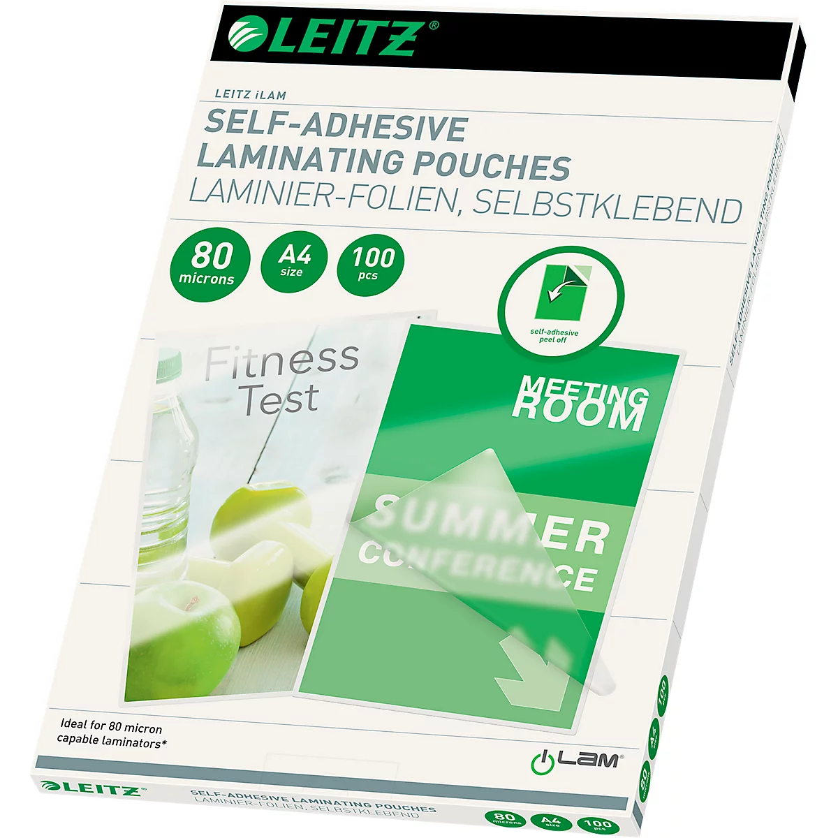Lamineerfolies Leitz iLAM, A4 staand &amp; liggend formaat, dikte 80 µm, zelfklevende achterkant, verwijderbaar, L 216 x B 303 mm, PET, kleurloos, 100 stuks