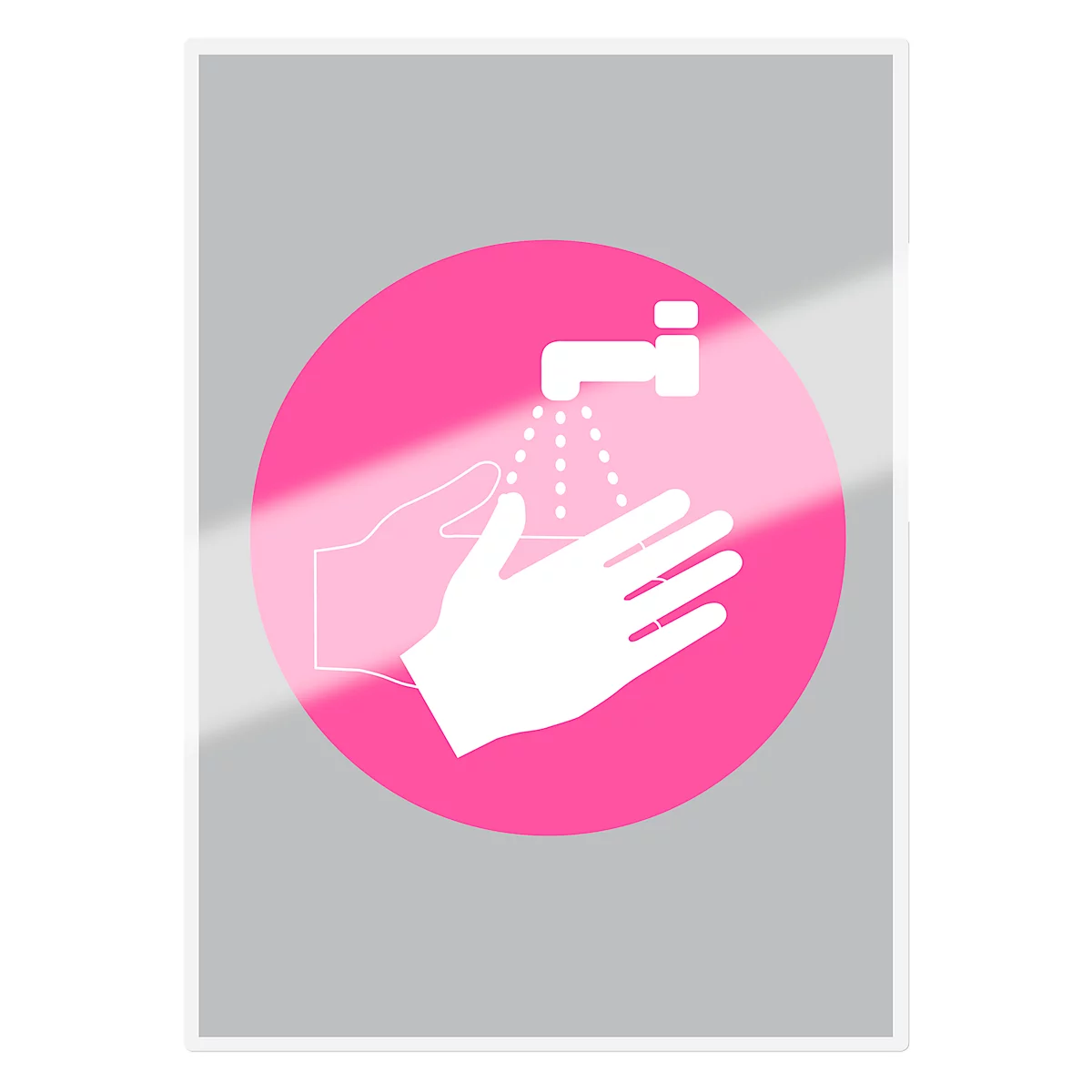 Roze cirkel met wit symbool: handen wassen. Hand onder kraan. Grijze achtergrond.