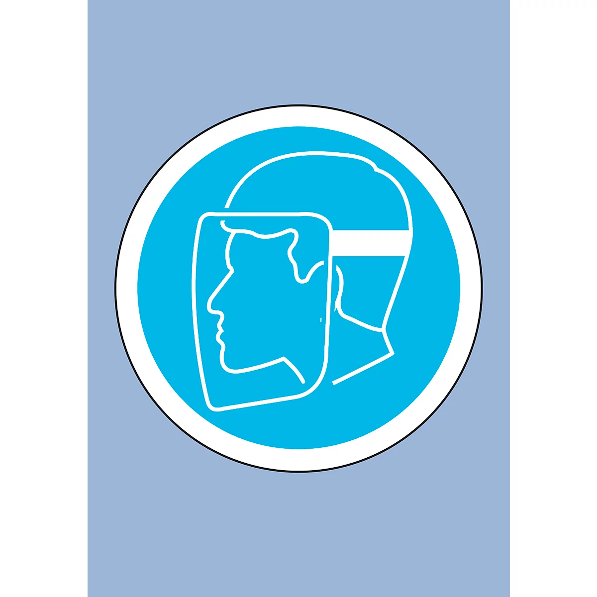 Blauw pictogram van persoon met gelaatsbescherming. Ronde, blauwe achtergrond. Witte rand.