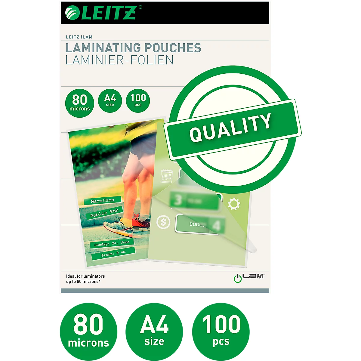 Lamineerhoezen Leitz iLAM 33818, A4 staand en liggend formaat, dikte 80 µm, L 309 x B 222 mm, PET, kleurloos, 100 stuks