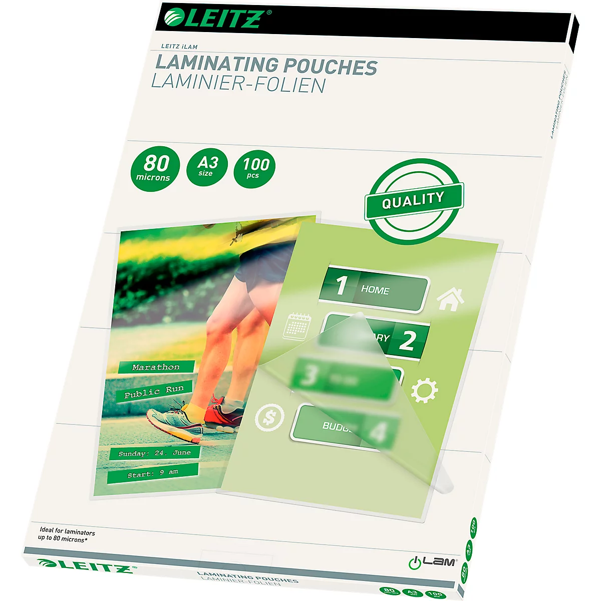Lamineerhoezen Leitz iLAM 33819, A3 staand en liggend formaat, dikte 125 µm, L 98 x B 68 mm, PET, kleurloos, 100 stuks