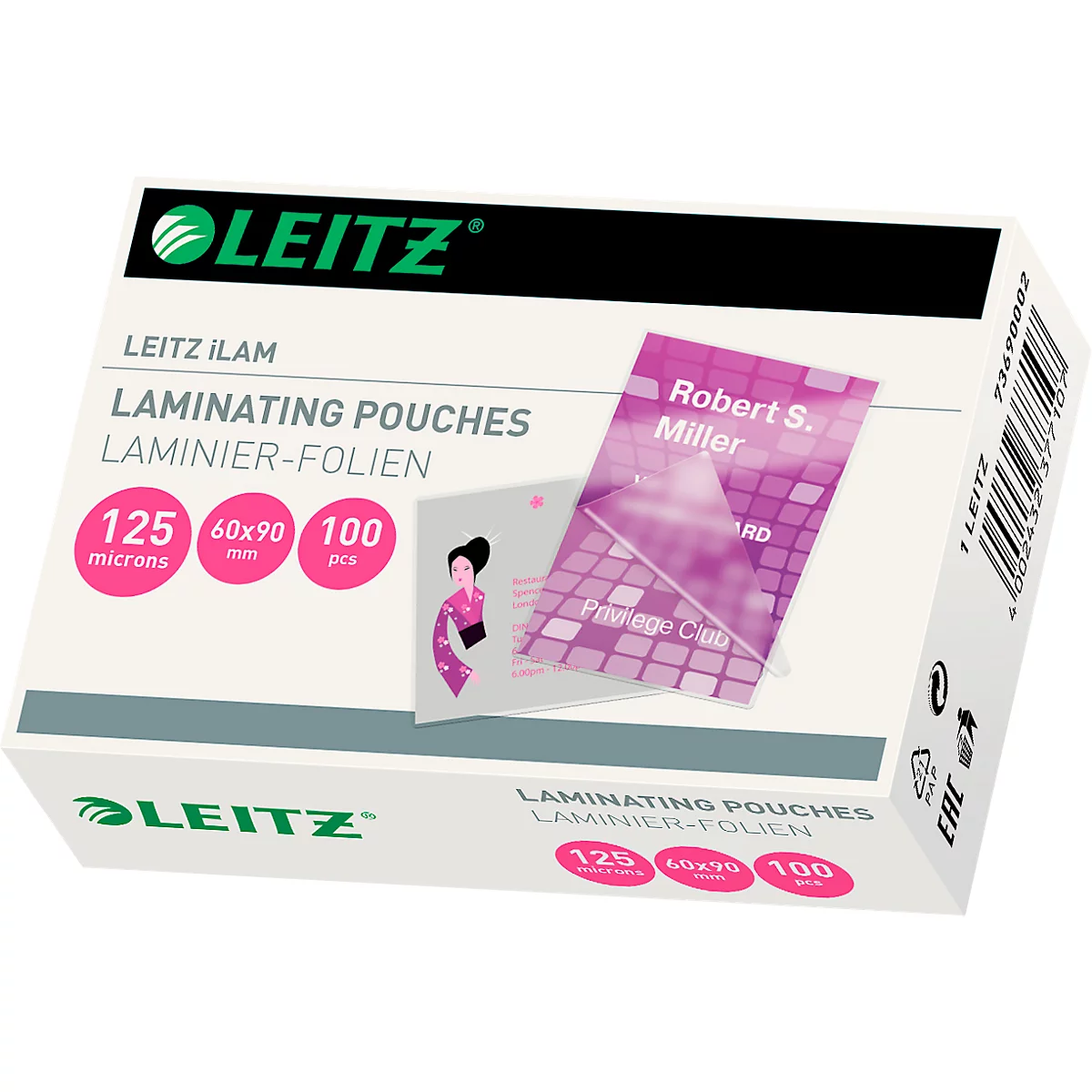 Lamineerhoezen Leitz iLAM, staand en liggend formaat, dikte 125 µm, L 98 x B 68 mm, PET, kleurloos, 100 stuks