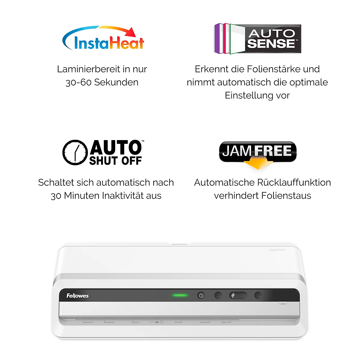Lamineermachine Fellowes® Jupiter A3, tot A3, voor filmdikte tot 250 μ, 1400 mm/min, auto-reverse, opwarmtijd 1 min, 10 lamineerfolies, zilver-wit