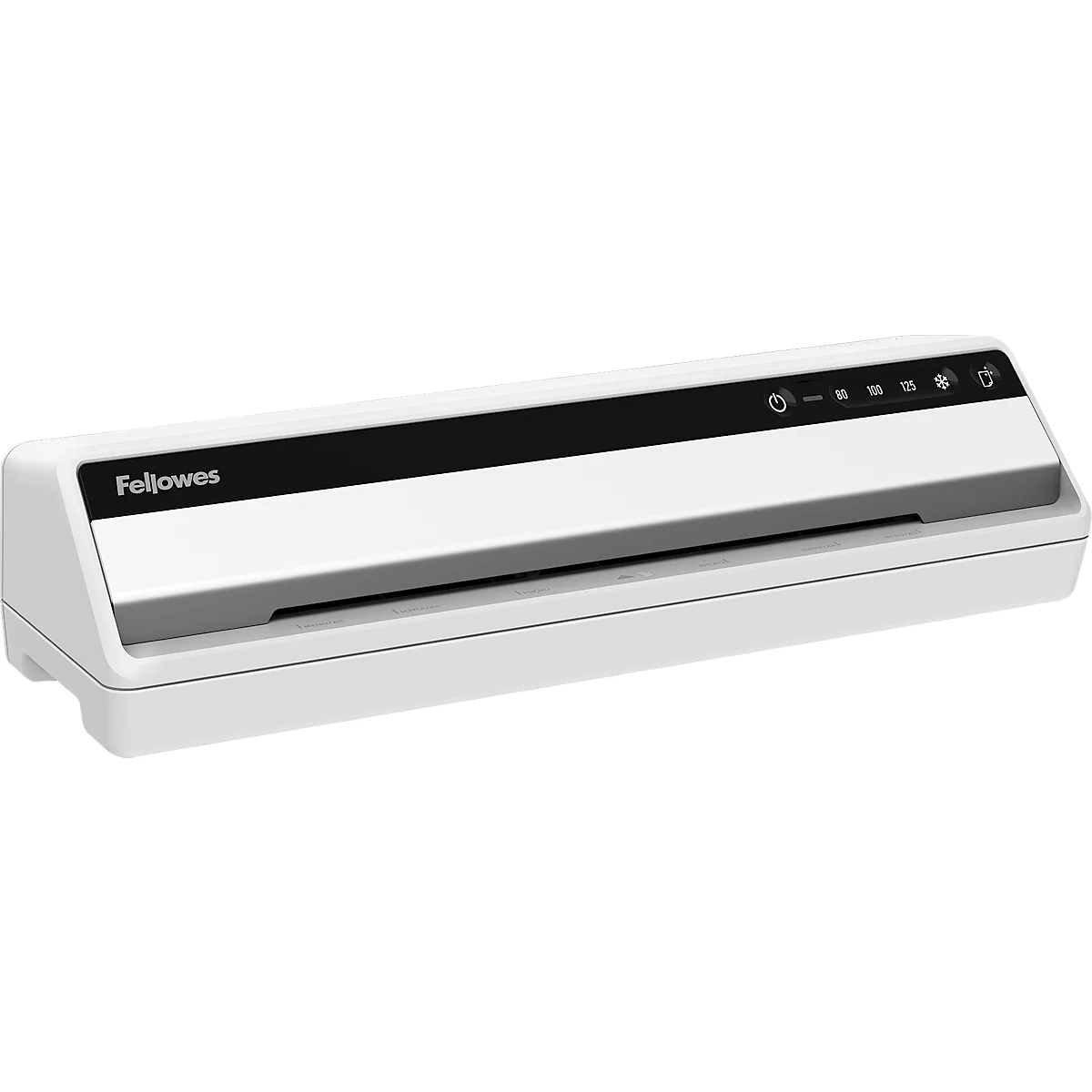 Witte lamineermachine met zwarte bovenkant en bedieningspaneel, merk Fellowes.