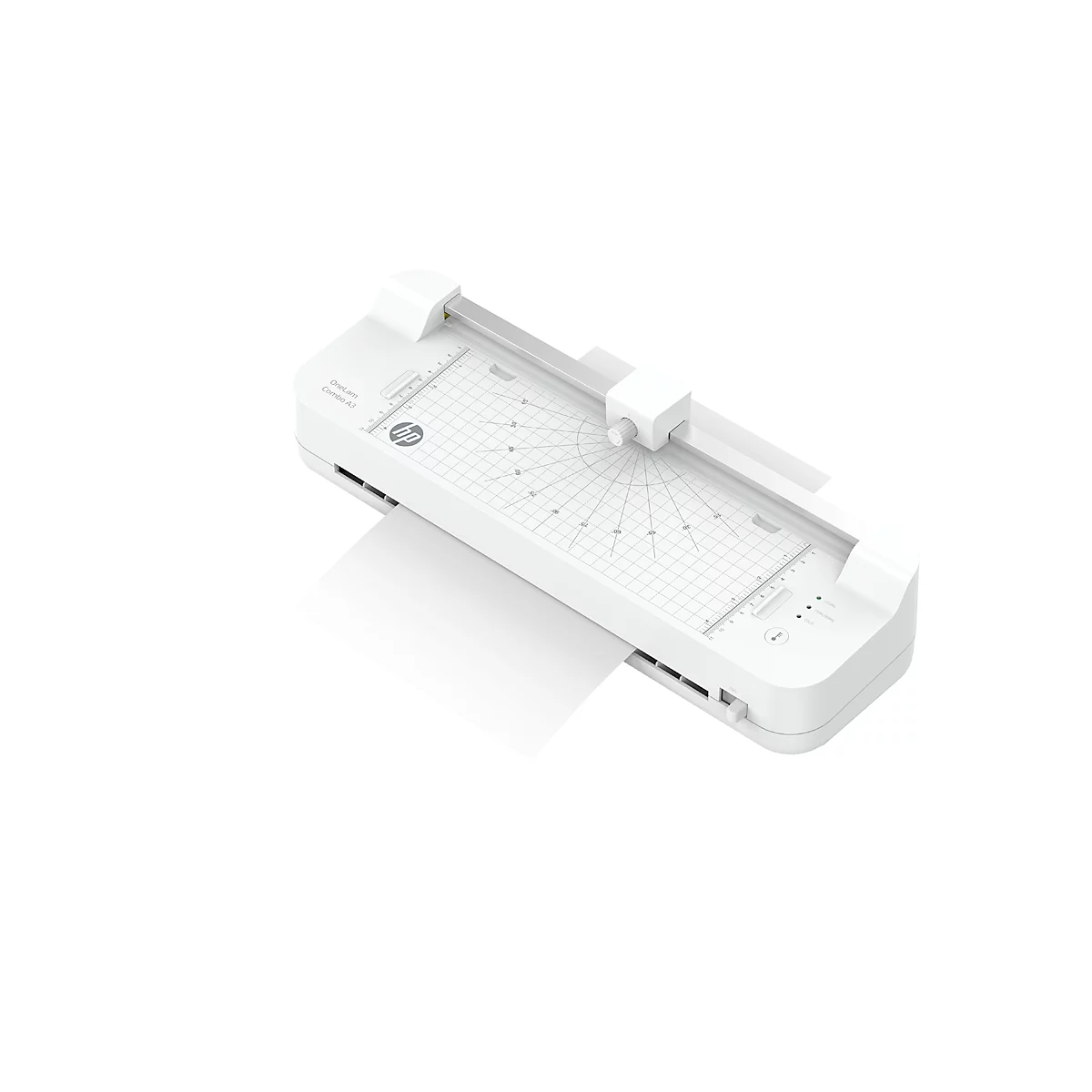 Witte lamineermachine met een vel papier. Het HP-logo staat op het apparaat.