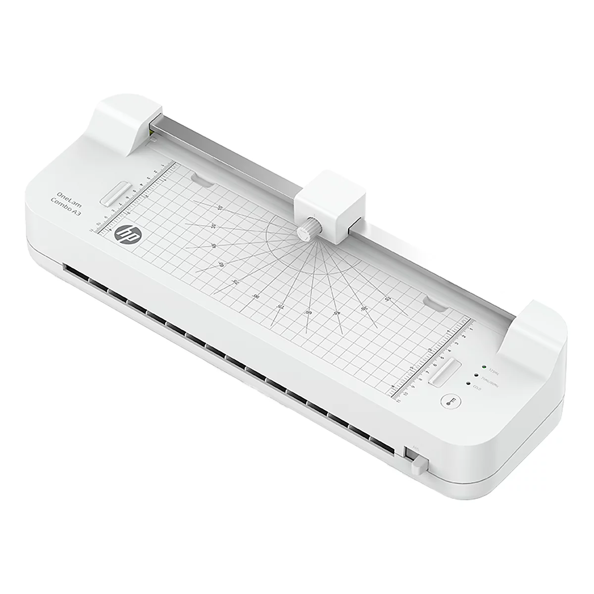 Witte lamineermachine met rasterpatroon, HP-logo en bedieningspaneel.