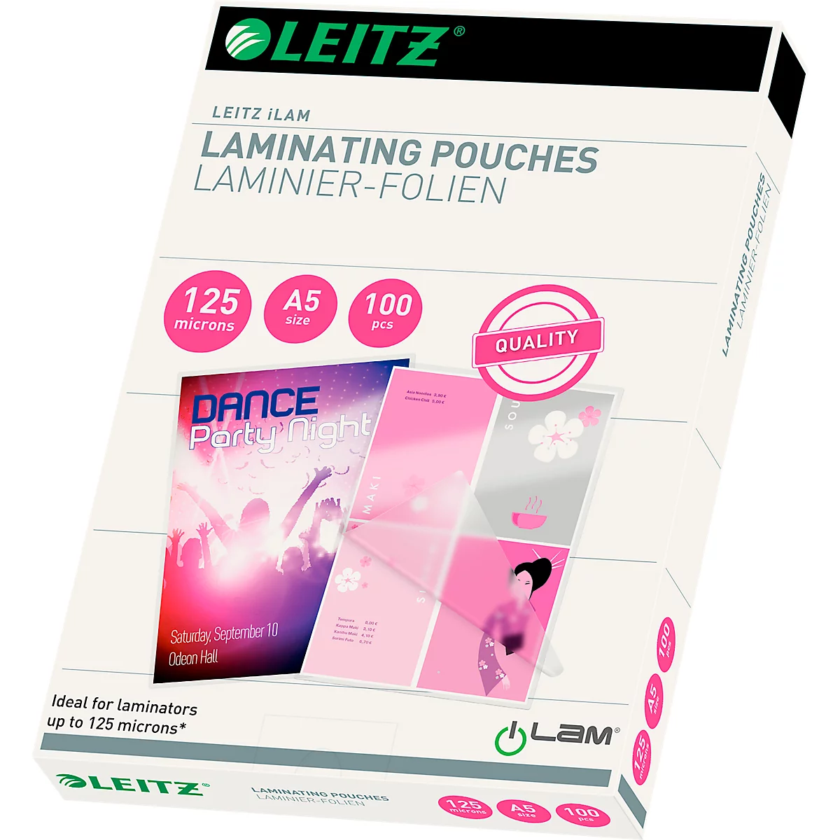 Laminierfolien Leitz iLAM 33807, A5 Hoch-& Querformat, Stärke 125 µm, L 222 x B 160 mm, PET, farblos, 100 Stück