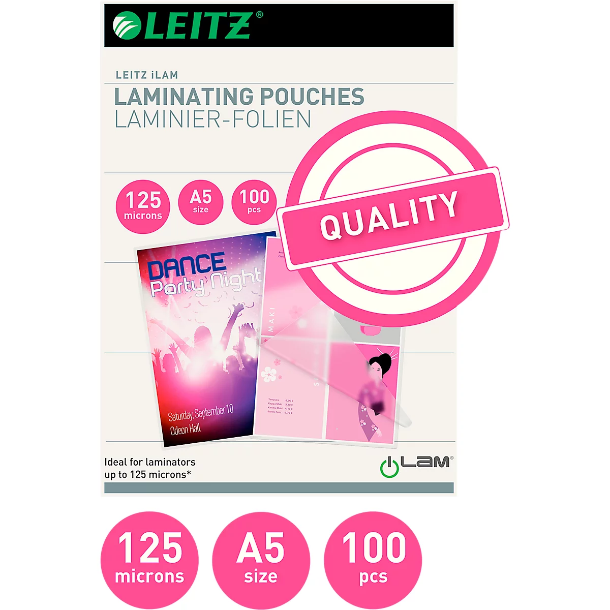 Laminierfolien Leitz iLAM 33807, A5 Hoch-& Querformat, Stärke 125 µm, L 222 x B 160 mm, PET, farblos, 100 Stück
