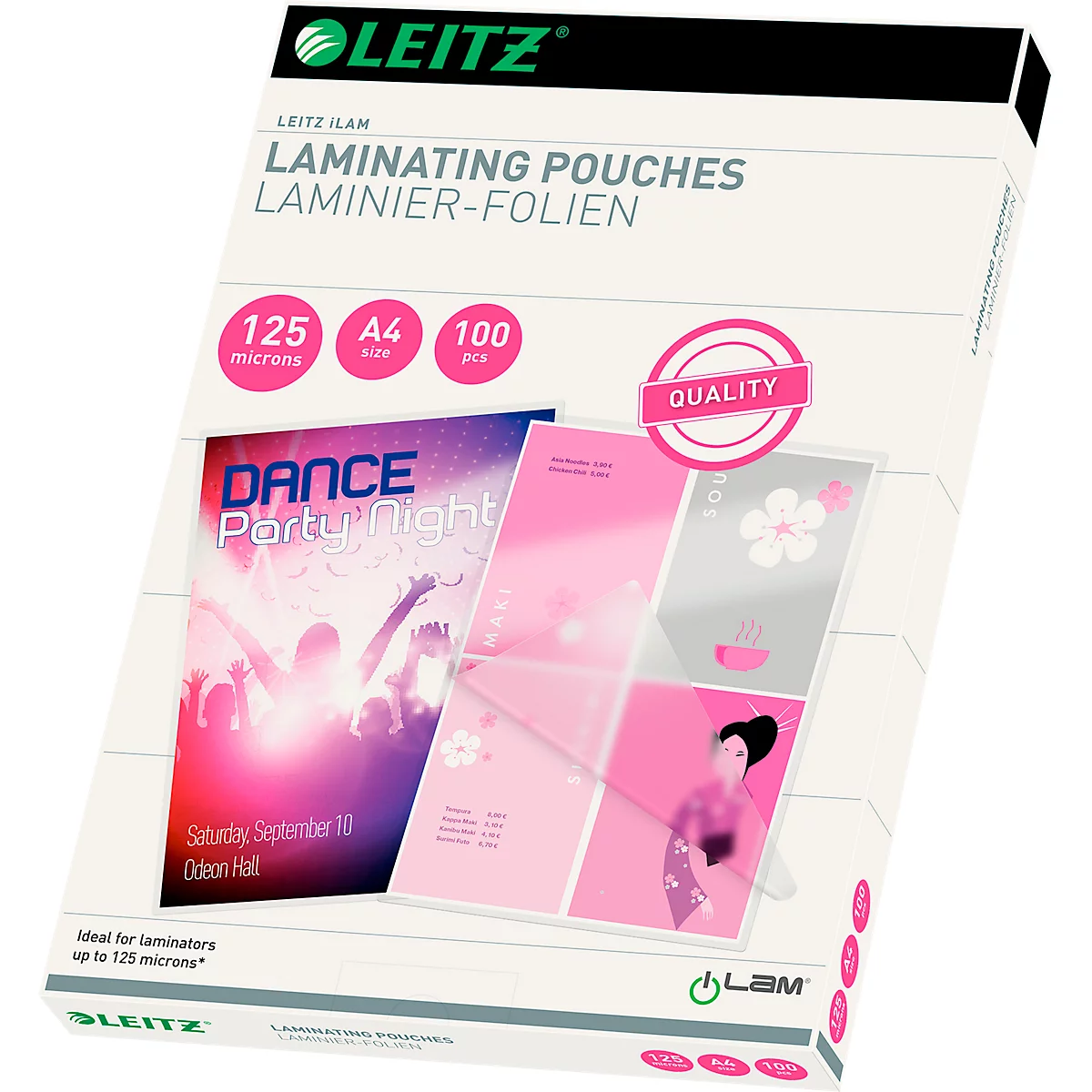 Laminierfolien Leitz iLAM 33808, A4 Hoch-& Querformat, Stärke 125 µm, L 309 x B 222 mm, PET, farblos, 100 Stück