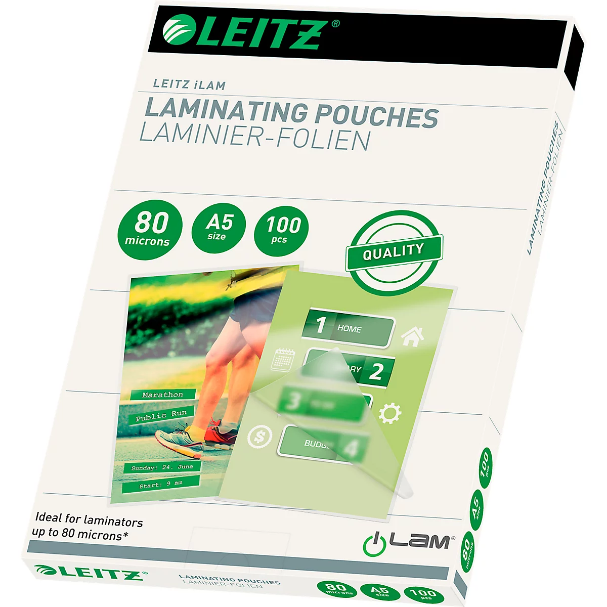 Laminierfolien Leitz iLAM 33817, A5 Hoch-& Querformat, Stärke 80 µm, L 222 x B 160 mm, PET, farblos, 100 Stück