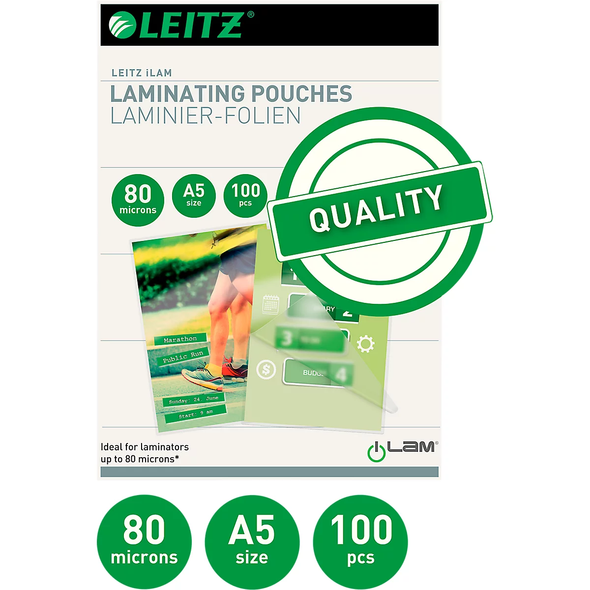 Laminierfolien Leitz iLAM 33817, A5 Hoch-& Querformat, Stärke 80 µm, L 222 x B 160 mm, PET, farblos, 100 Stück