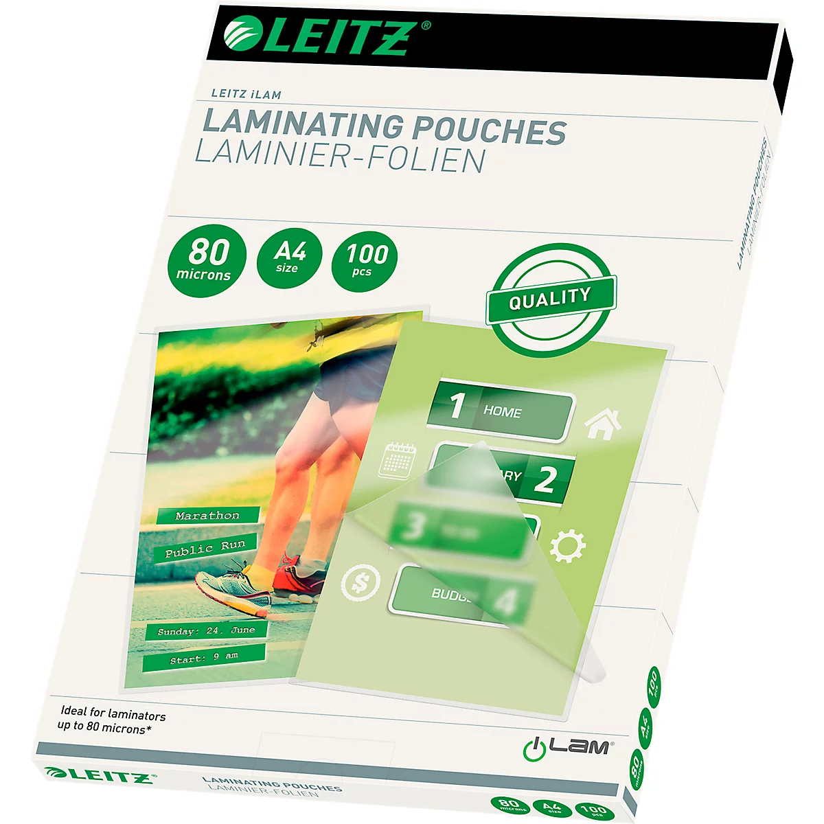 Laminierfolien Leitz iLAM 33818, A4 Hoch-& Querformat, Stärke 80 µm, L 309 x B 222 mm, PET, farblos, 100 Stück