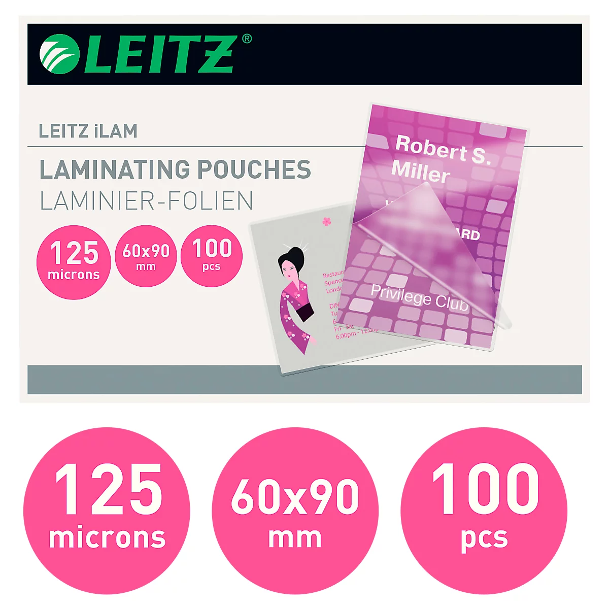 Laminierfolien Leitz iLAM, Hoch-& Querformat, Stärke 125 µm, L 98 x B 68 mm, PET, farblos, 100 Stück