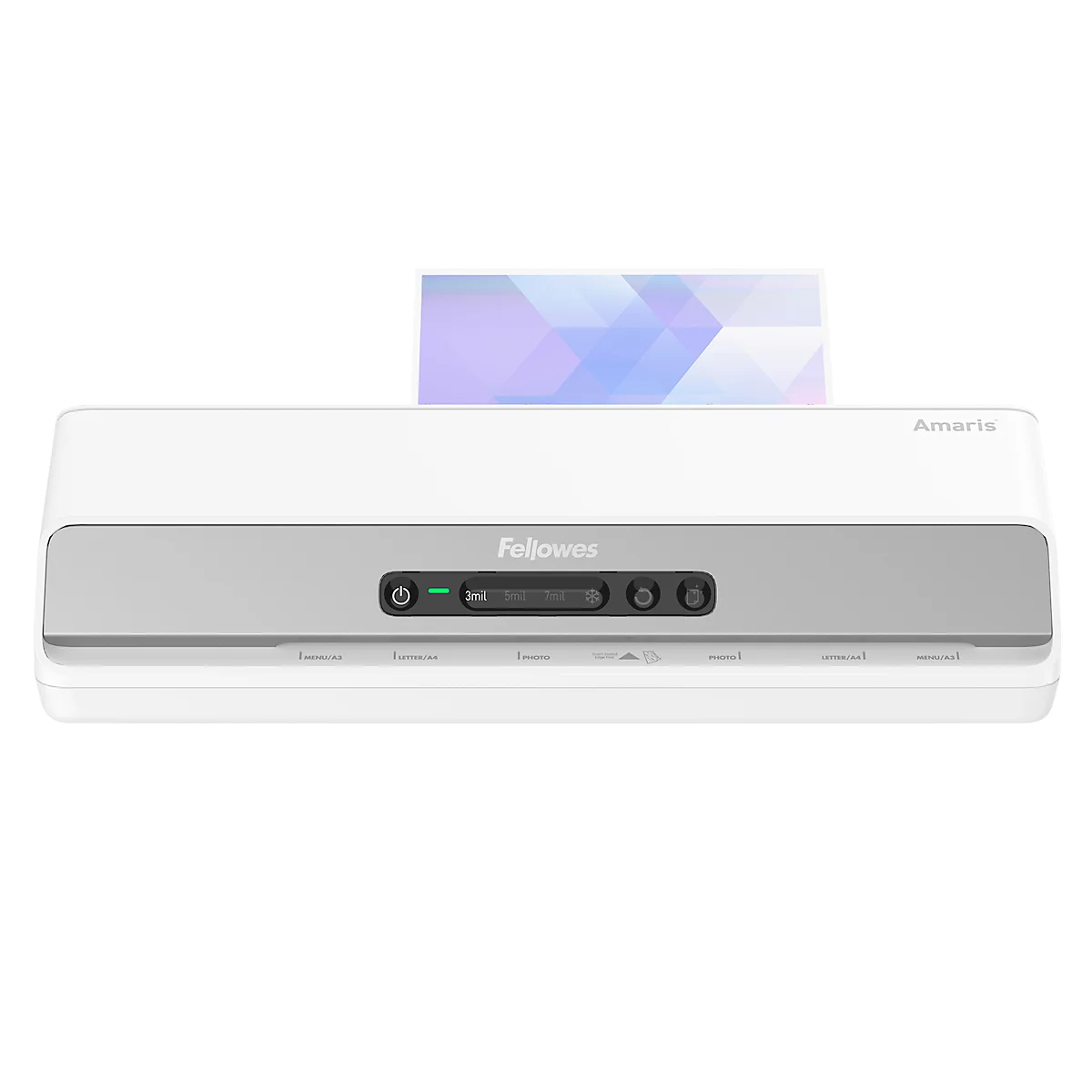 Laminiergerät Fellowes® Amaris A3, bis A3, für Folienstärke 80-175 μ, 800 mm/min, Aufwärmzeit 1 min, 3 Heizstufen, 10 Laminierfolien, silber-weiß