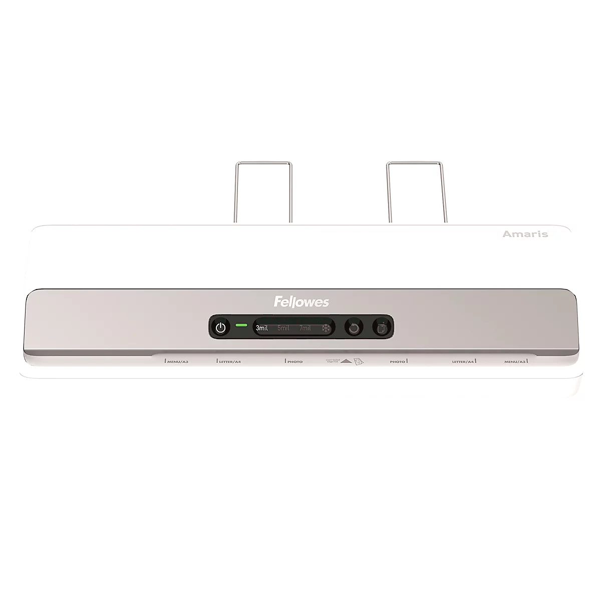 Laminiergerät Fellowes® Amaris A3, bis A3, für Folienstärke 80-175 μ, 800 mm/min, Aufwärmzeit 1 min, 3 Heizstufen, 10 Laminierfolien, silber-weiß
