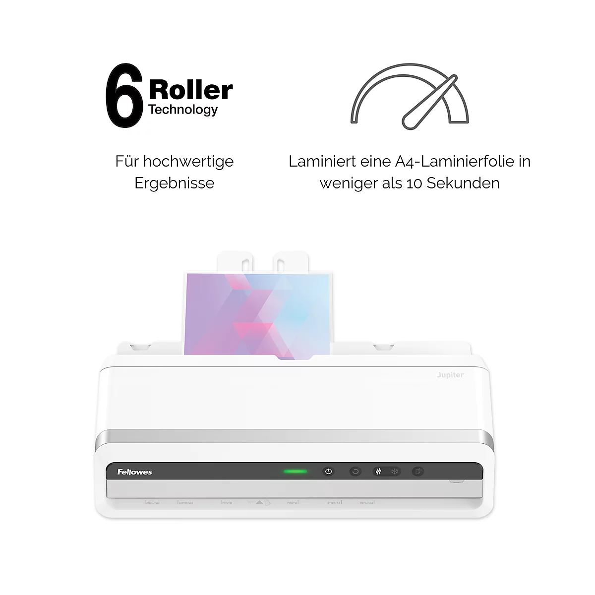 Laminiergerät Fellowes® Jupiter A3, bis A3, für Folienstärke bis 250 μ, 1400 mm/min, Auto-Rücklauf, Aufwärmzeit 1 min, 10 Laminierfolien, silber-weiß