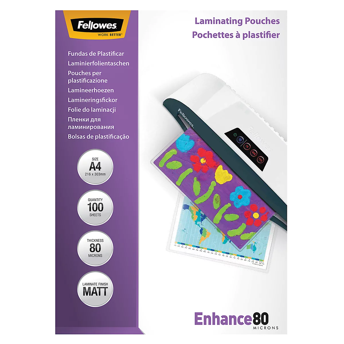 Ein Laminiergerät mit einem durchsichtigen Dokument, das gerade laminiert wird. Auf dem Papier sind bunte Blumen abgebildet. Daneben ist die Verpackung mit den Laminierfolien zu sehen.