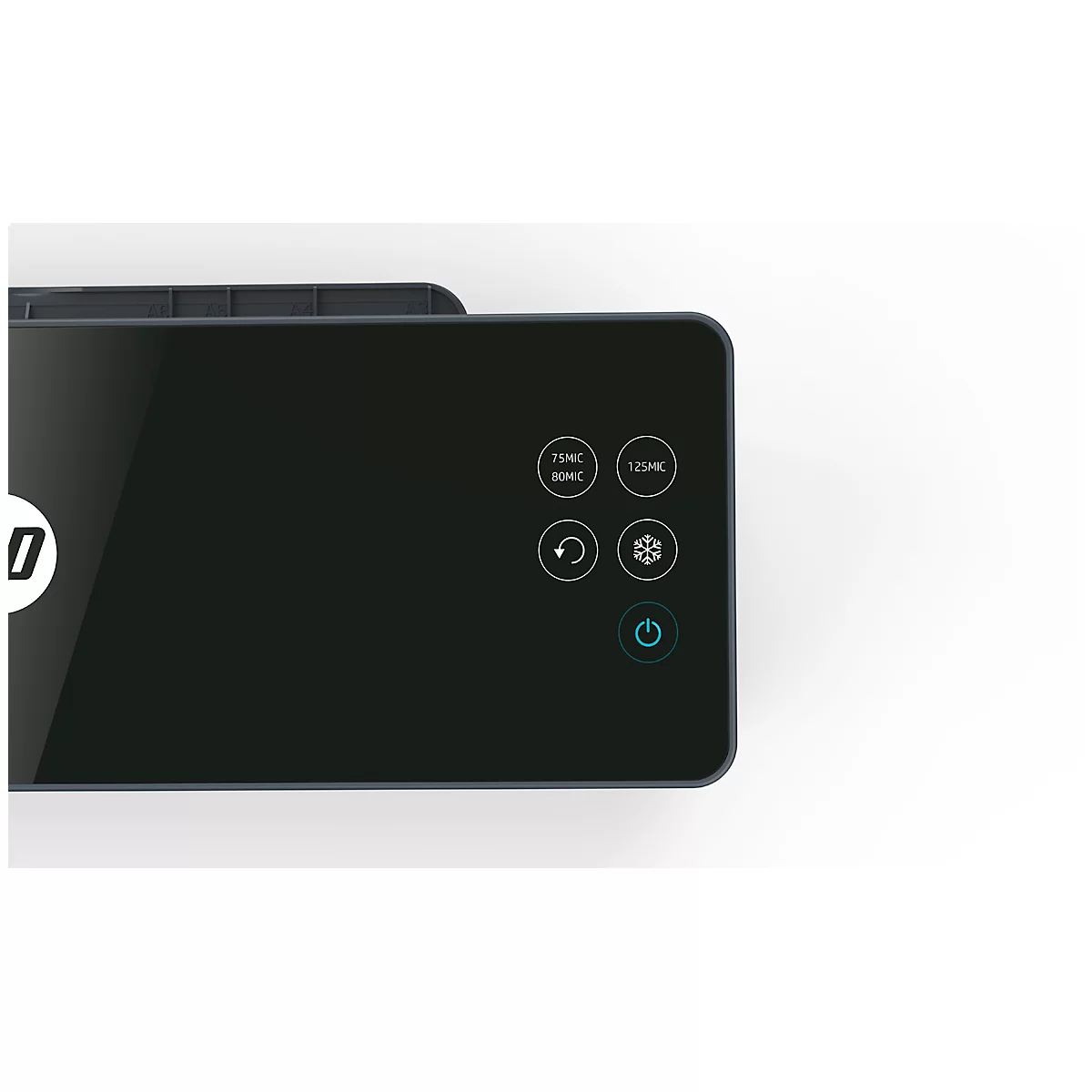 Nahaufnahme der Bedienoberfläche eines schwarzen Druckers. Knöpfe mit Symbolen und Text.