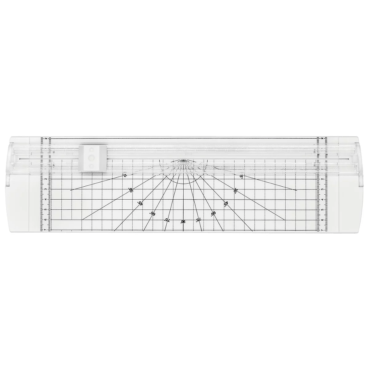 Transparenter Papierschneider mit Messlinien und Winkeln.