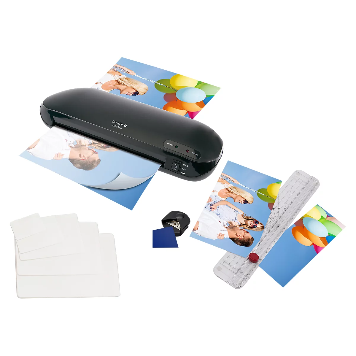 Laminiergeräte-Set Olympia A230 Plus, mit Schneidelineal, Eckenrunder und Folien