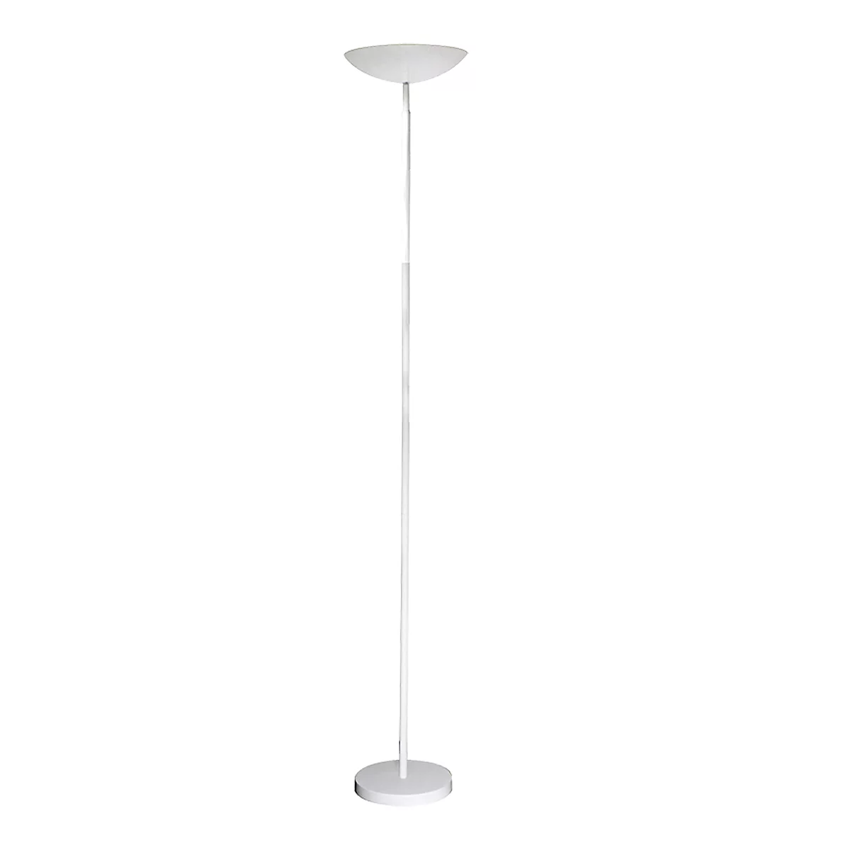 Un lampadaire blanc et épuré, avec une base et un abat-jour ronds, sur fond blanc.