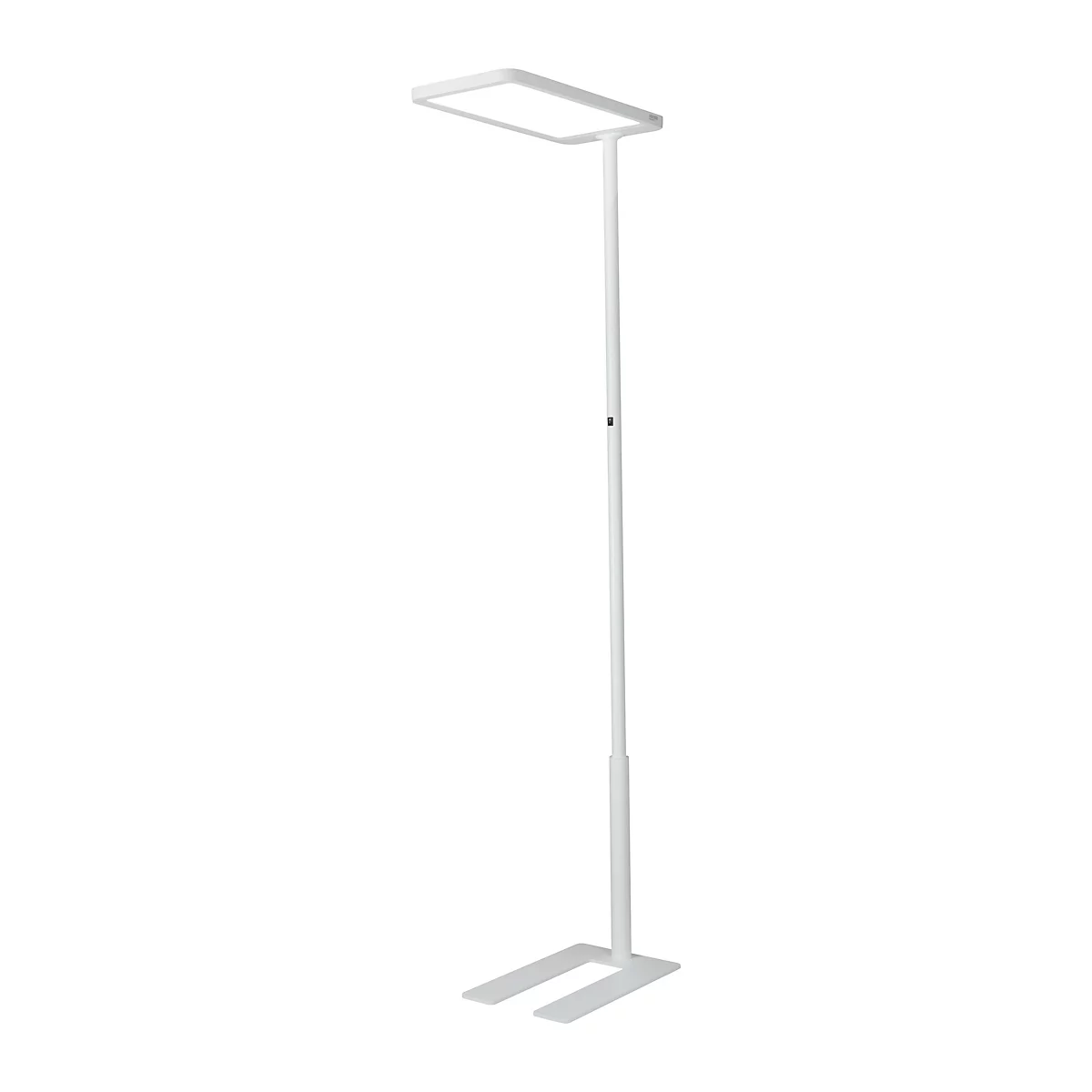 Un lampadaire blanc avec un corps lumineux rectangulaire et un pied. La tige est réglable.
