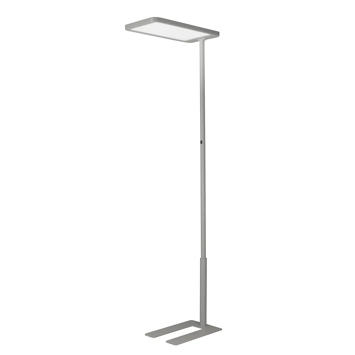 Un lampadaire élégant avec une tête de lumière rectangulaire, un poteau gris et une base en forme de U. La tête de lumière est brillante.