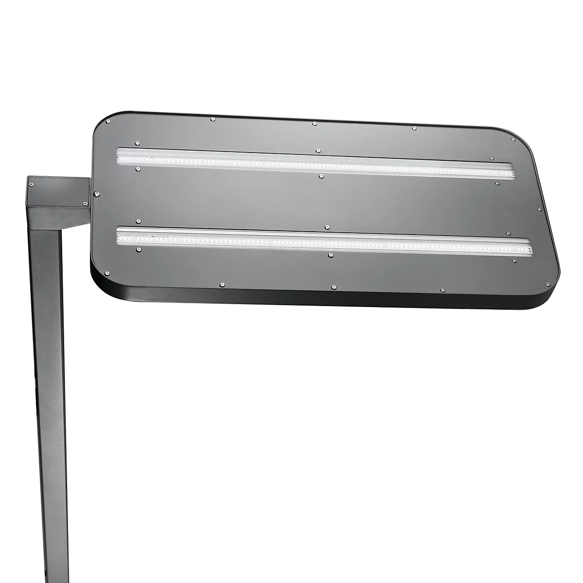 Réverbère gris, luminaire rectangulaire avec deux bandes lumineuses, fixé à un poteau gris.