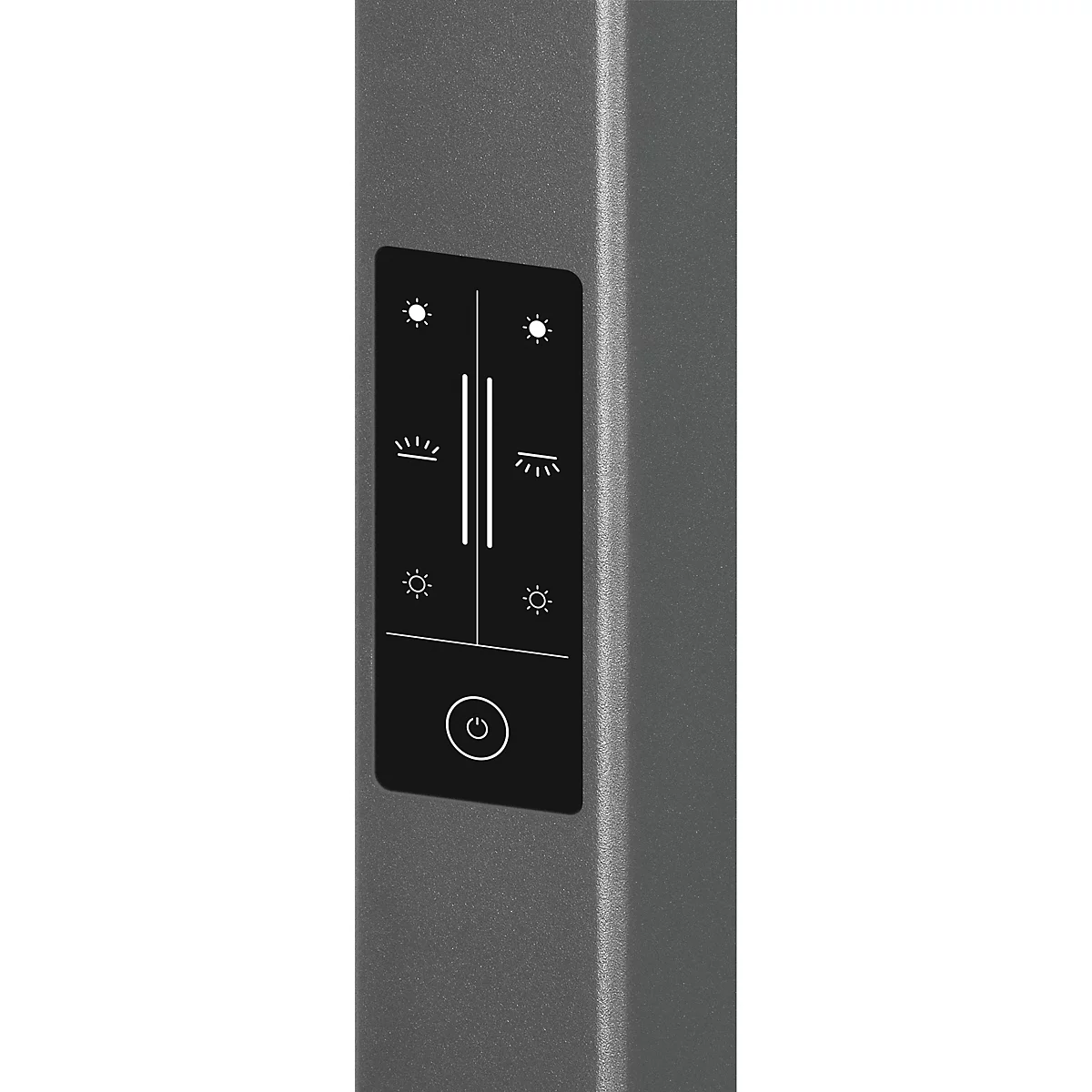 Gros plan d'un panneau de commande sur un objet gris. Symboles de lumière, de luminosité, marche/arrêt sur un champ noir.