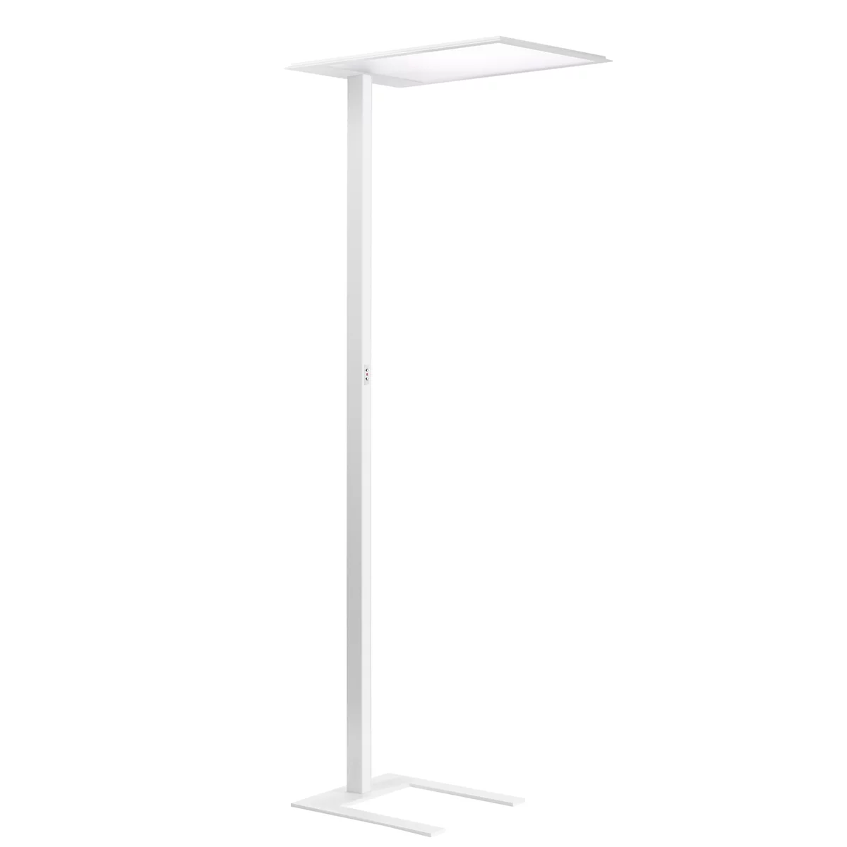Un lampadaire blanc et fin avec un corps lumineux rectangulaire. Le socle est en forme de U.