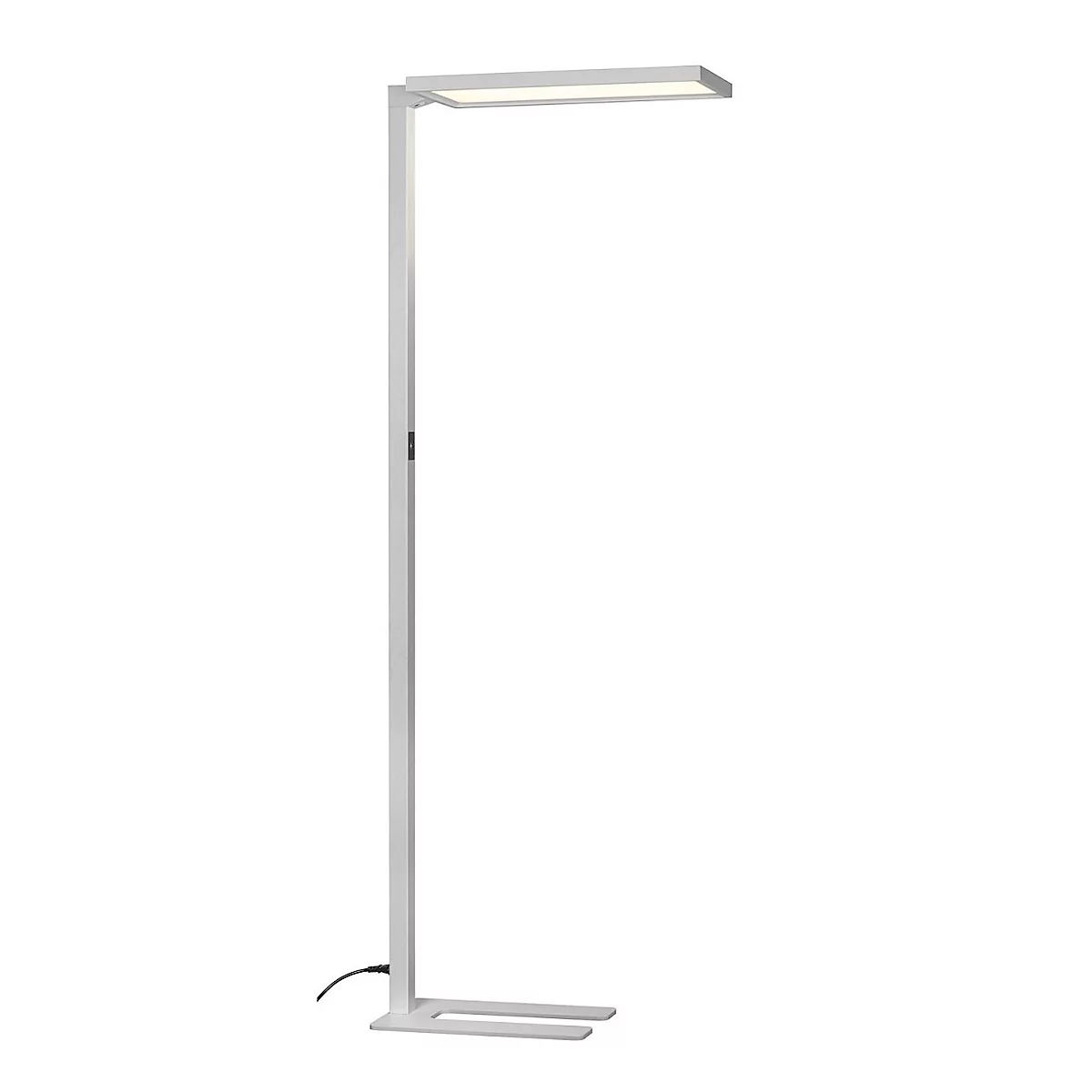 Un lampadaire blanc moderne. La tête de la lampe est rectangulaire, la base est constituée de deux barres parallèles.