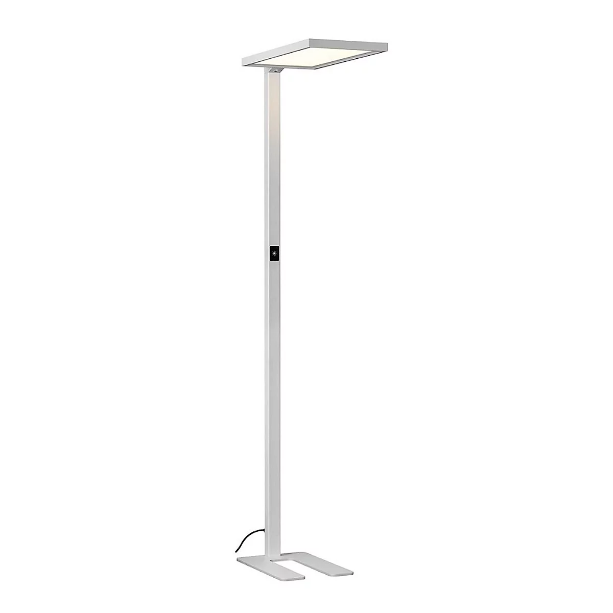 Un lampadaire moderne avec une tête de lampe carrée. Sur fond blanc. Interrupteur marche/arrêt sur la tige.