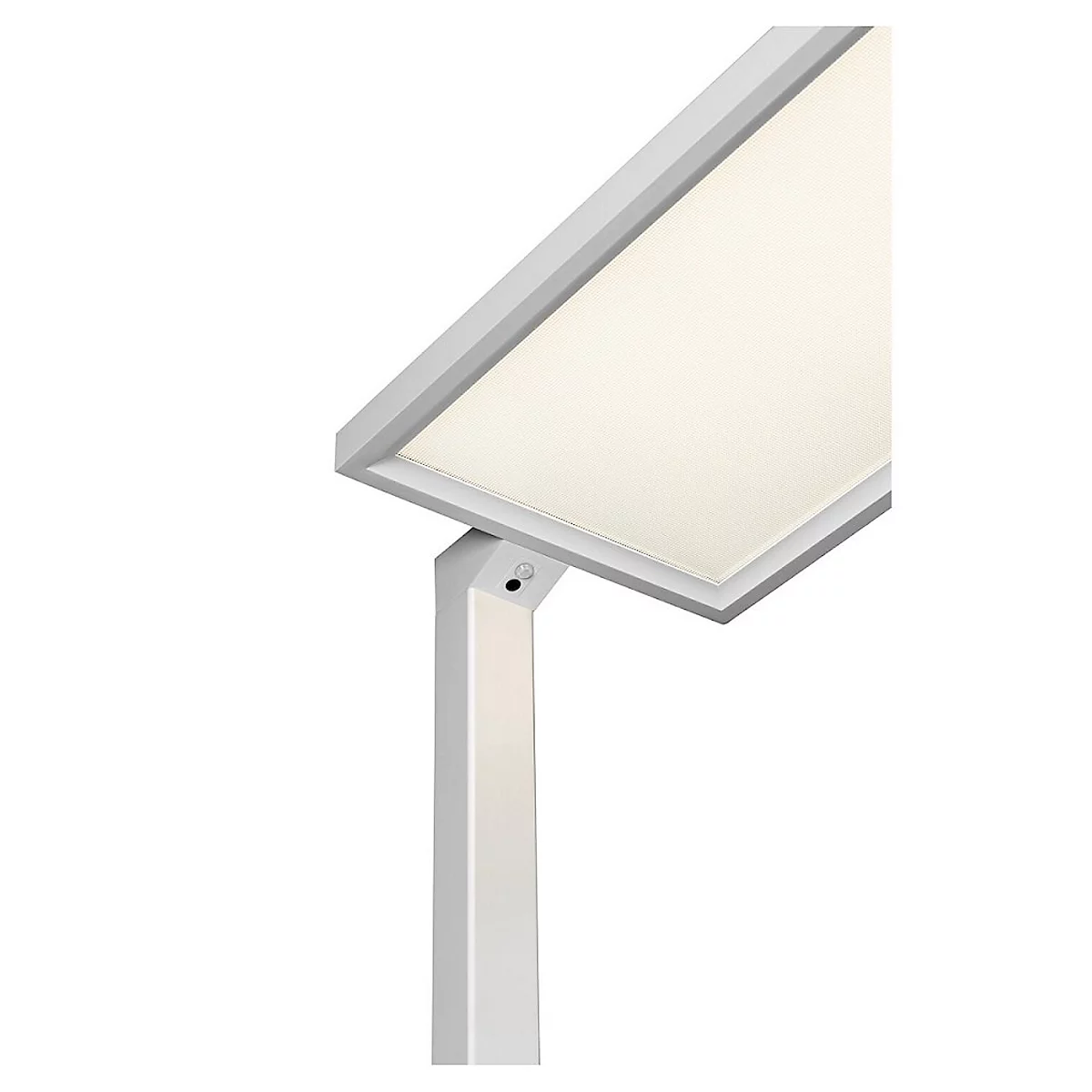 Lampadaire gris et blanc, corps lumineux carré, émettant de la lumière. Base carrée et support carré.