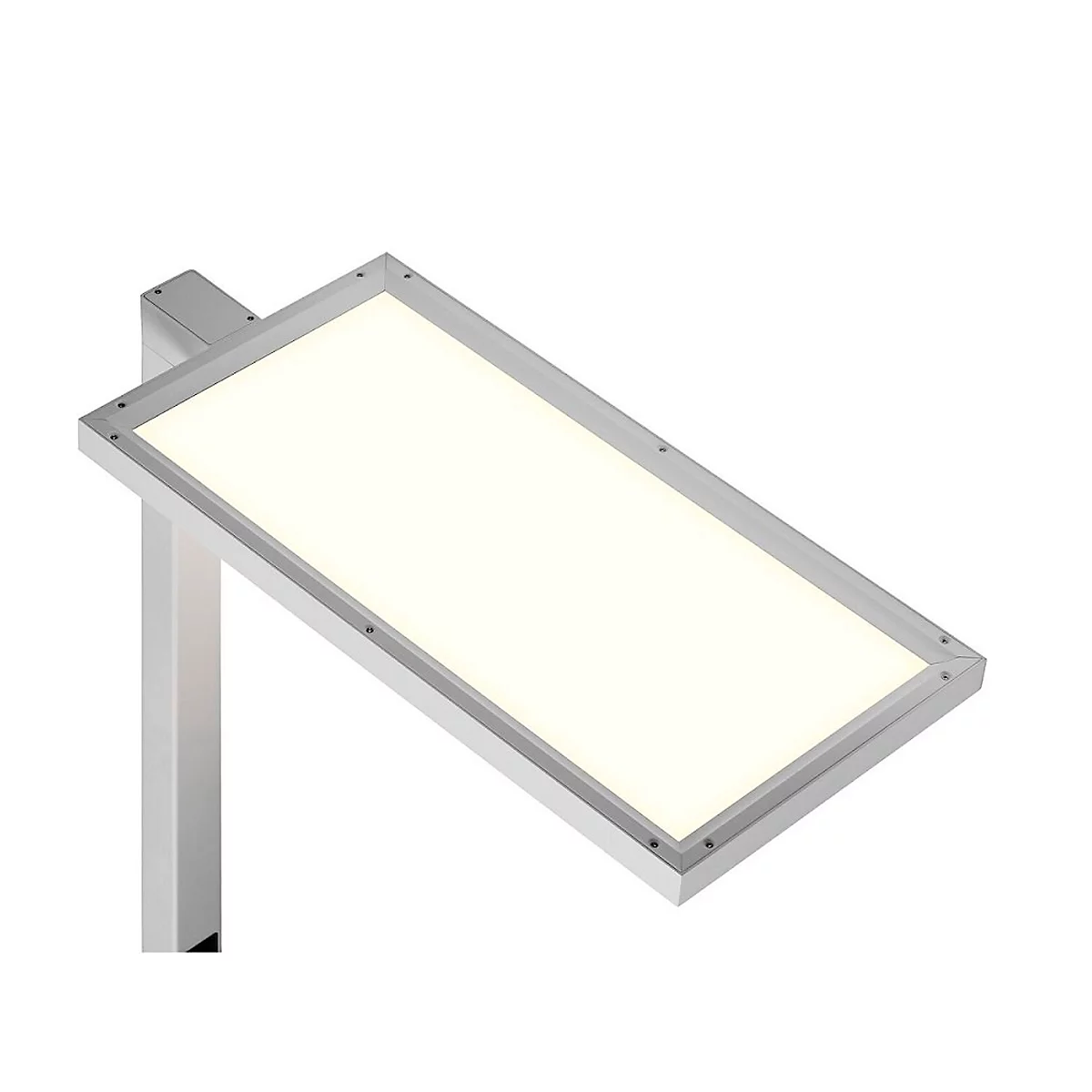Une lumière LED argentée de forme rectangulaire, montée en léger angle.