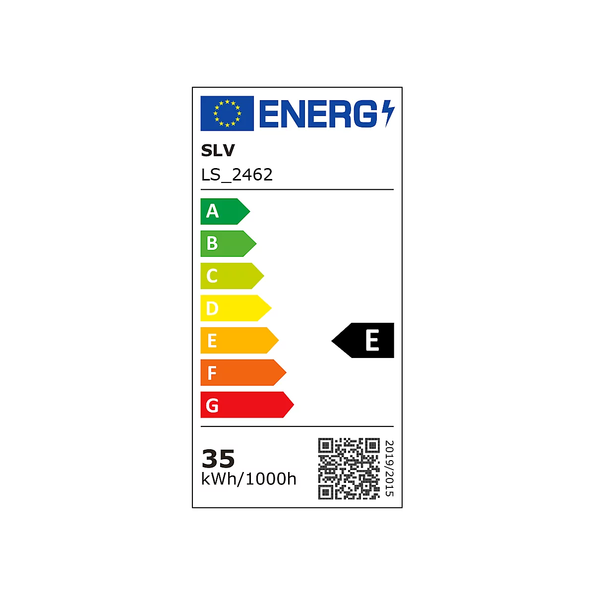 Étiquette énergétique avec notes de A à G, indiquant la classe E. 35 kWh/1000h. Code QR.