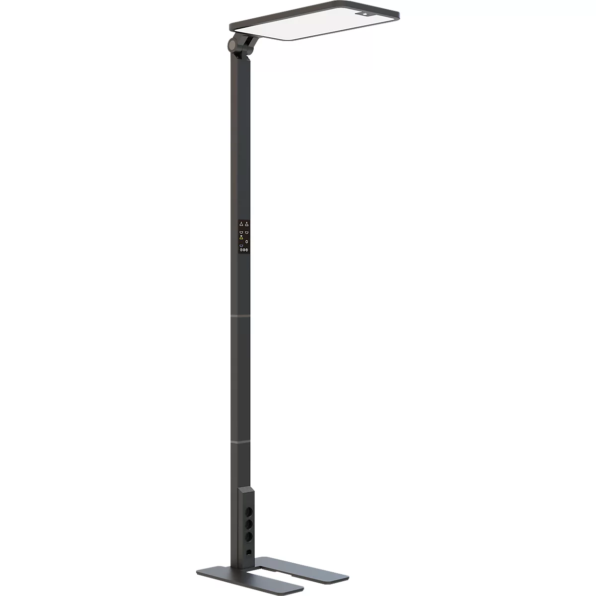 Lampadaire gris avec tête de lumière rectangulaire, réglable en hauteur et avec pied carré.