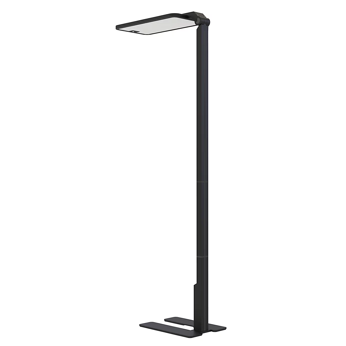 Lampe sur pied noire avec une tête de lumière rectangulaire, sur fond blanc. La base a deux broches.