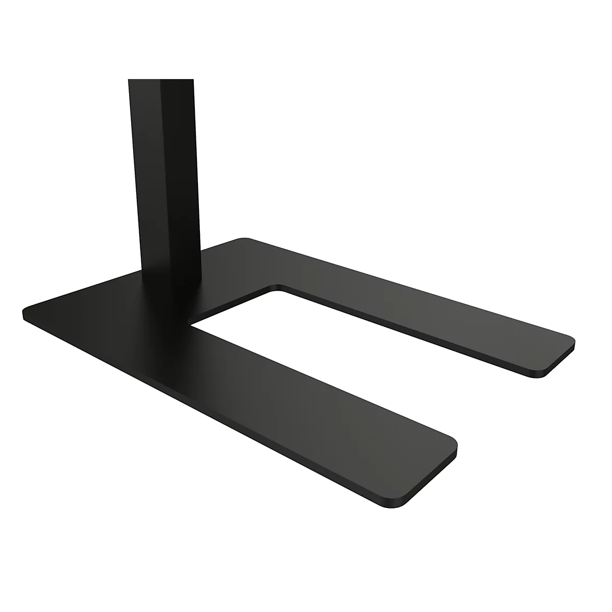 Gros plan sur une base de support noire en forme de U avec un montant vertical sur fond blanc.