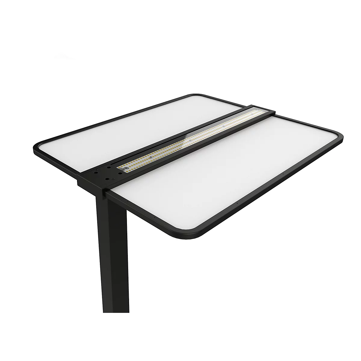 Luminaire rectangulaire avec cadre noir et panneau diffuseur blanc, monté sur un poteau vertical.