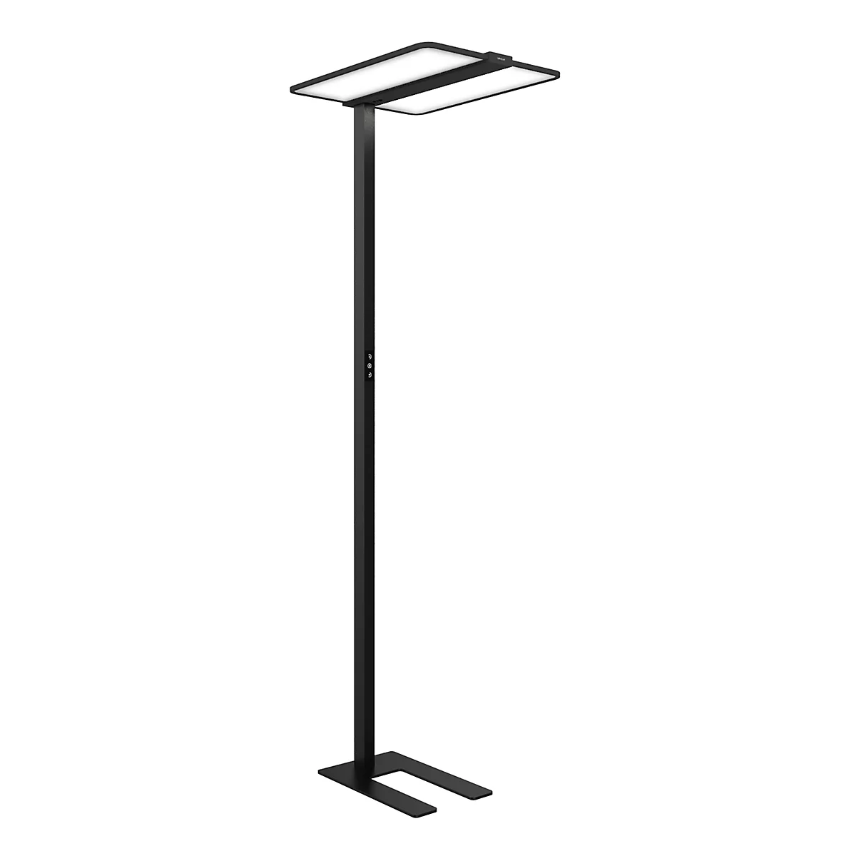 Lampadaire LED noir minimaliste avec une tête plate et une base en U, sur fond blanc.