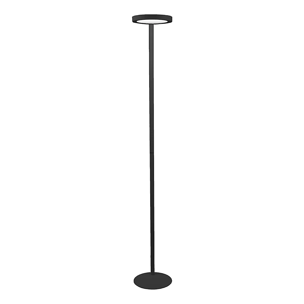 Lampadaire noir, élégant et minimaliste. Dessus rond, base ovale, longue tige entre les deux.