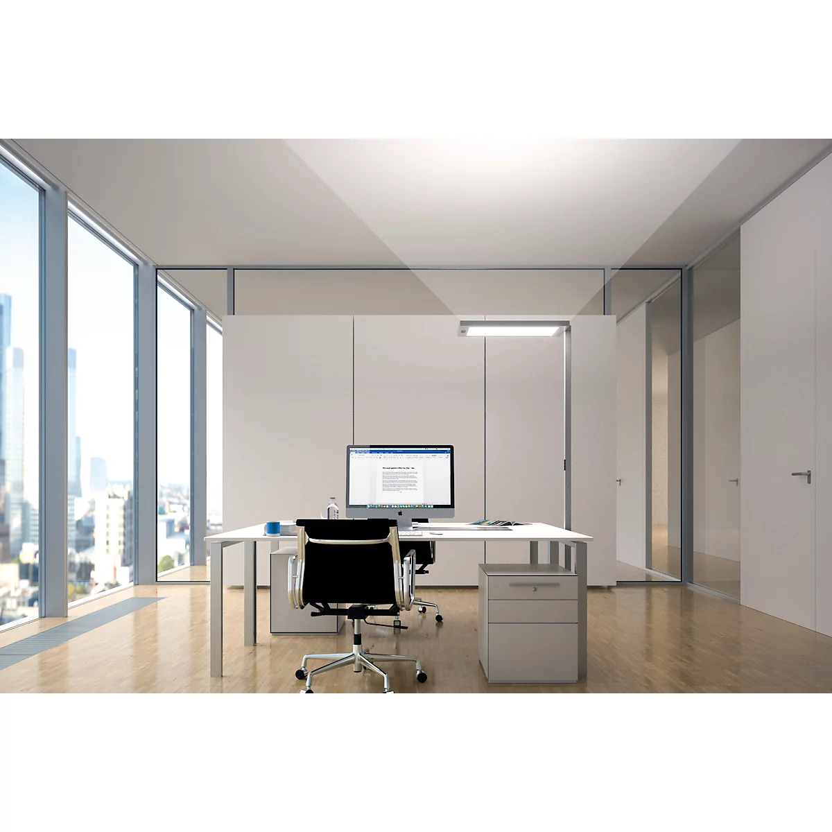 Lampadaire LED Waldmann LAVIGO.core, 85 W, 12500 lm, 4000 K, intensité lumineuse variable, détecteur de lumière du jour/de mouvement, blanc